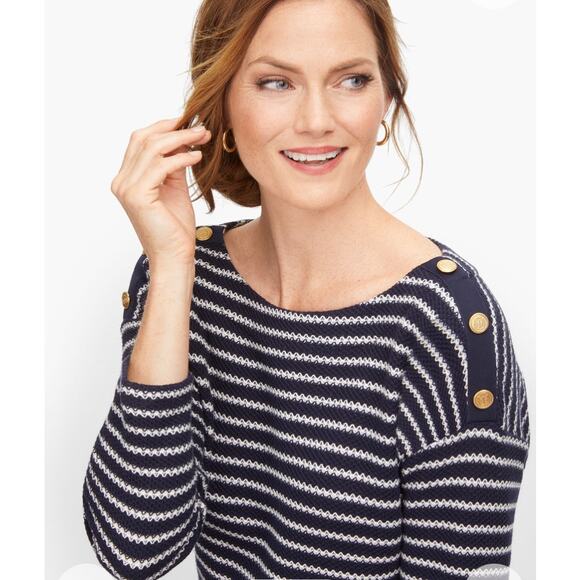 Talbots Women's Knit Sheath Dress Size MP Dark Navy Blue Striped - Picture 2 of 12